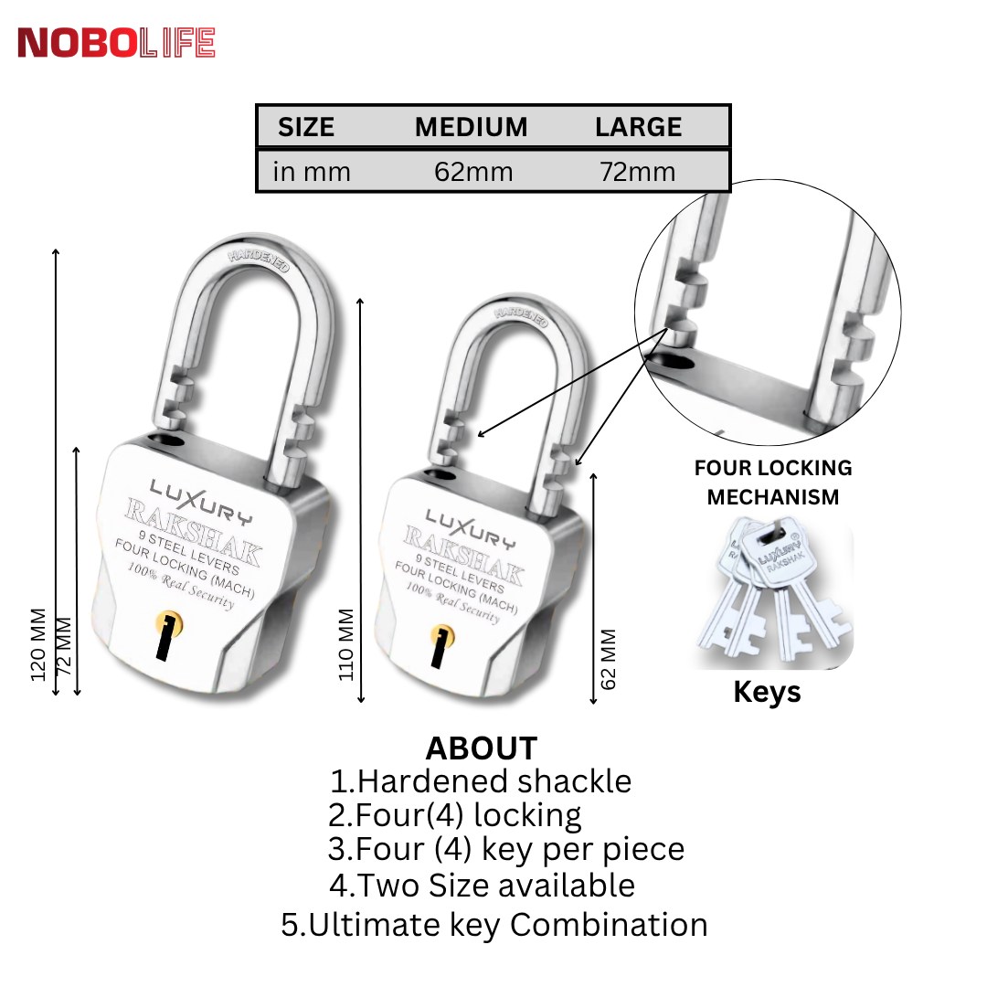 LUXURY RAKSHAK® | 4-Locking | Steel Body | 10 levers | Padlock (Pack of...